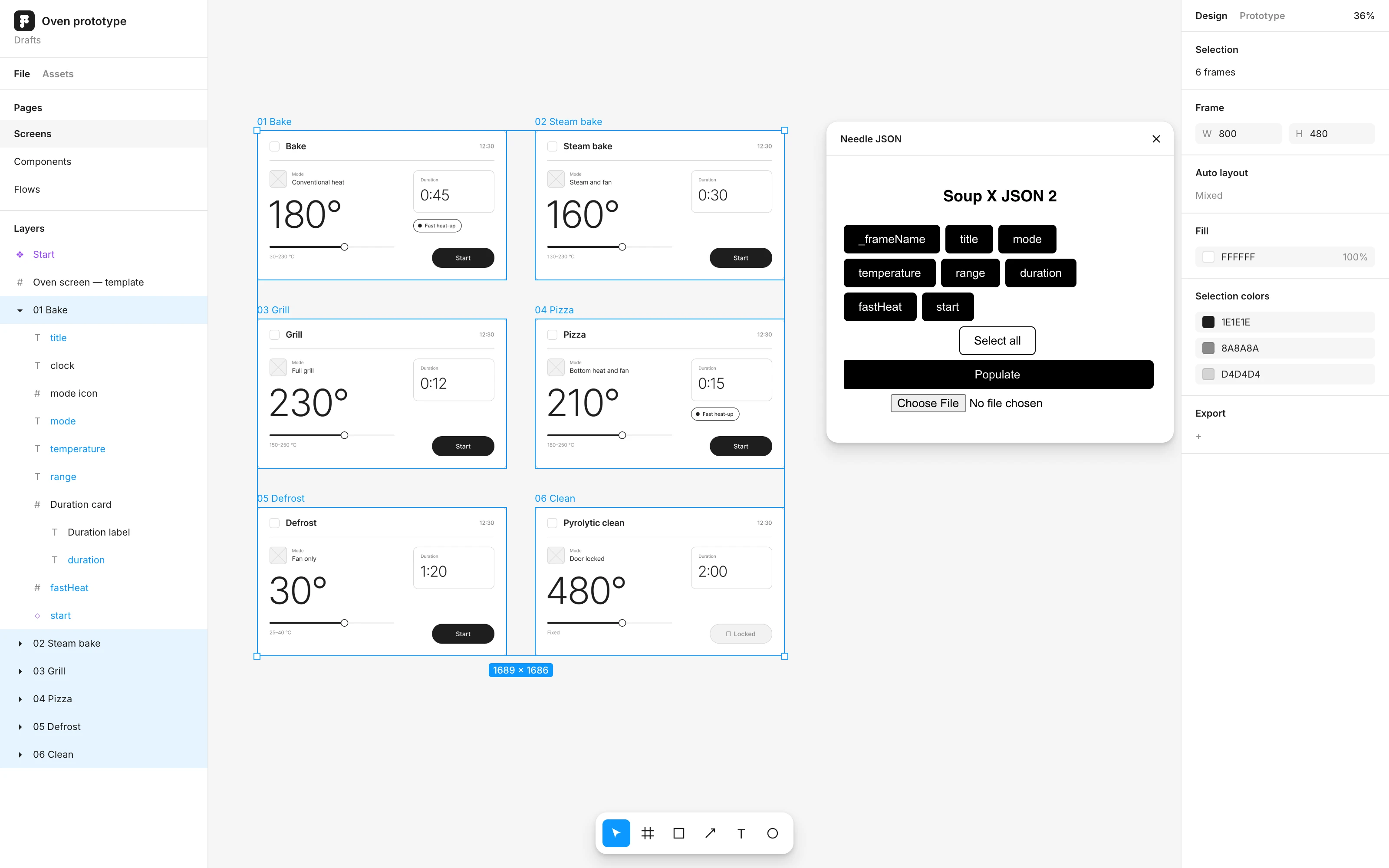 The Needle JSON plugin in Figma, filling six wireframe oven screens from one JSON file