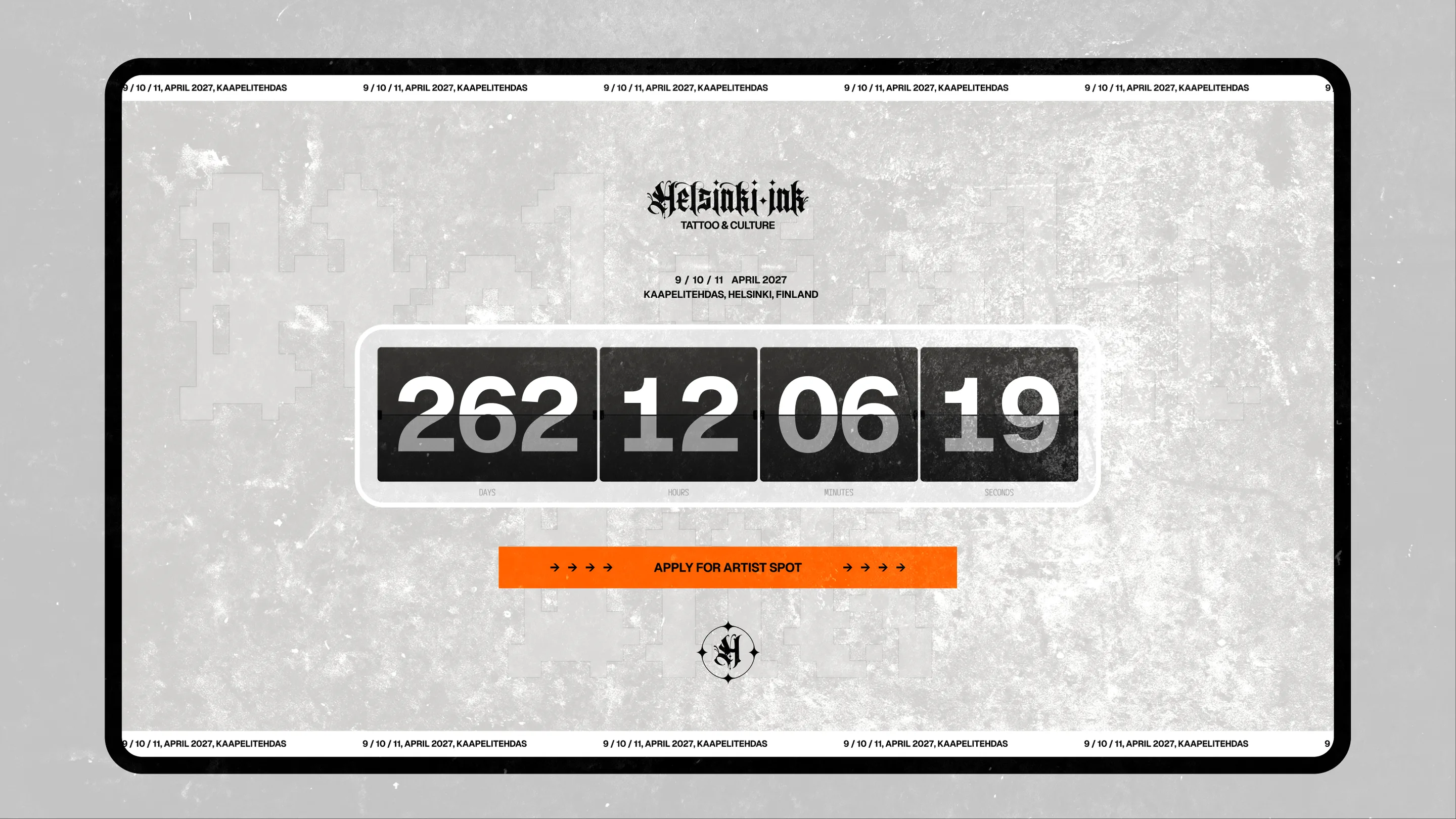 The Helsinki Ink coming soon page on a laptop: wordmark, dates, a split-flap countdown and an Apply for artist spot button