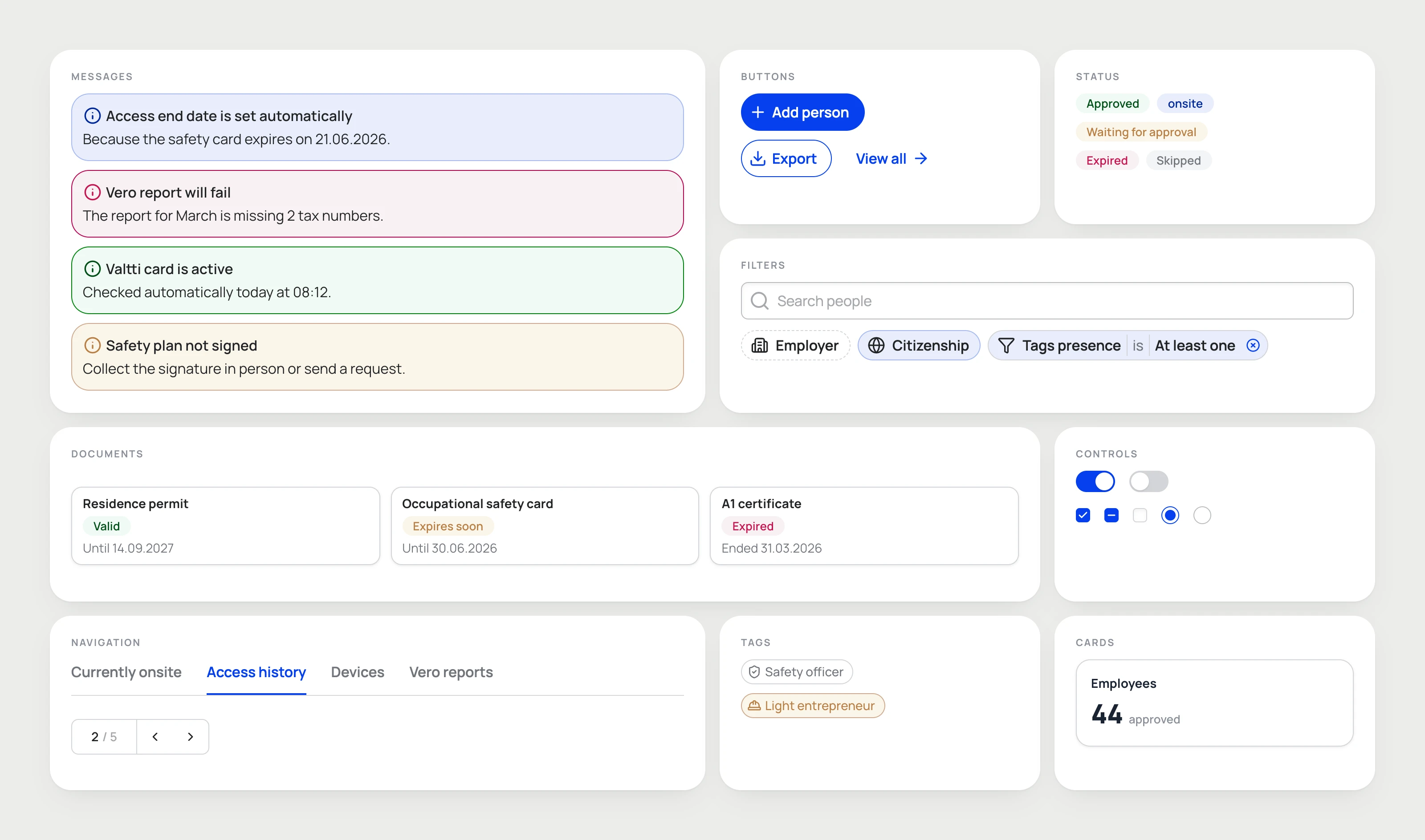 Dashboard design system: buttons, status badges, tags, filters, messages, controls, tabs, cards and document blocks