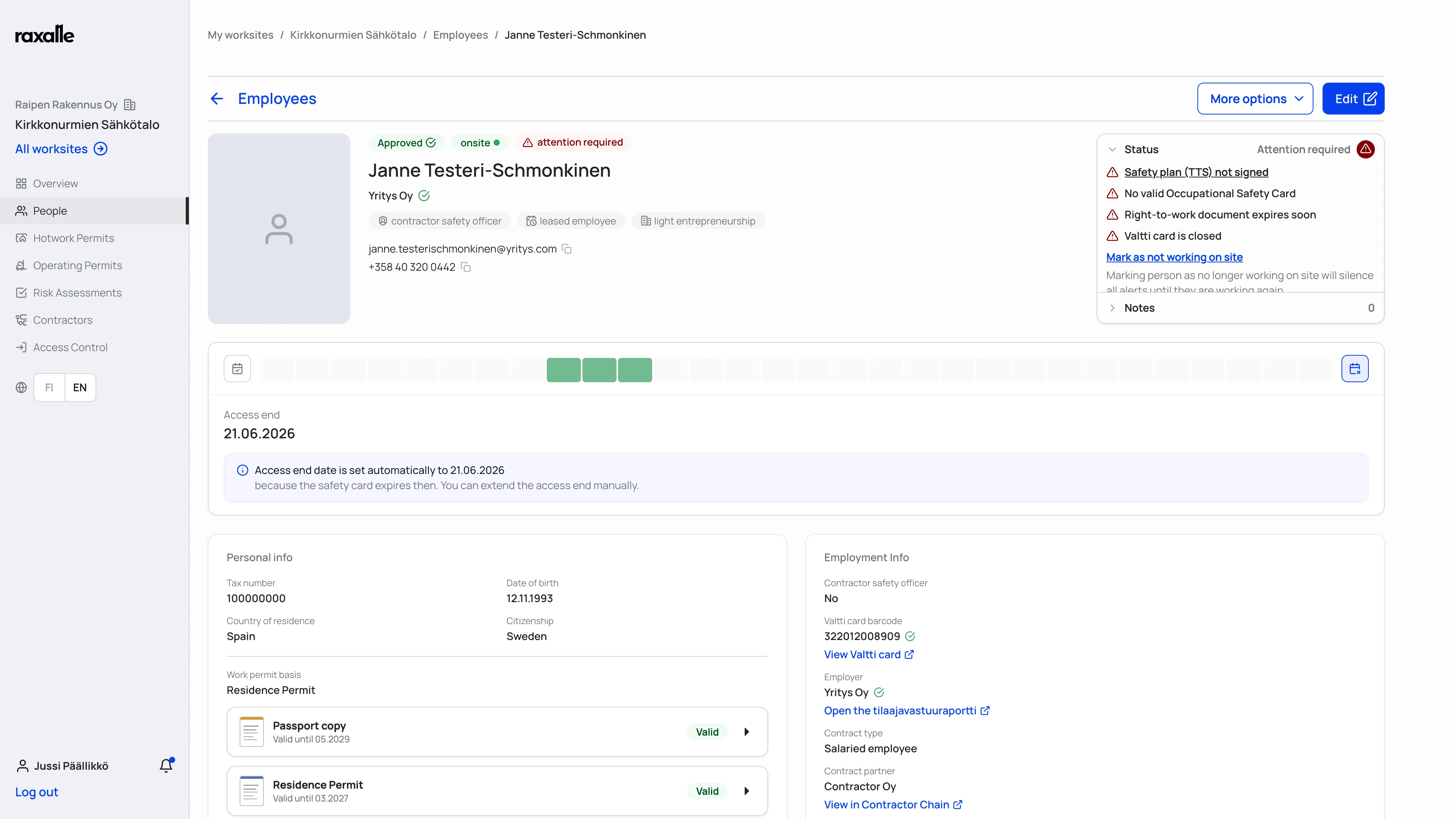 Employee profile with status, access timeline and documents