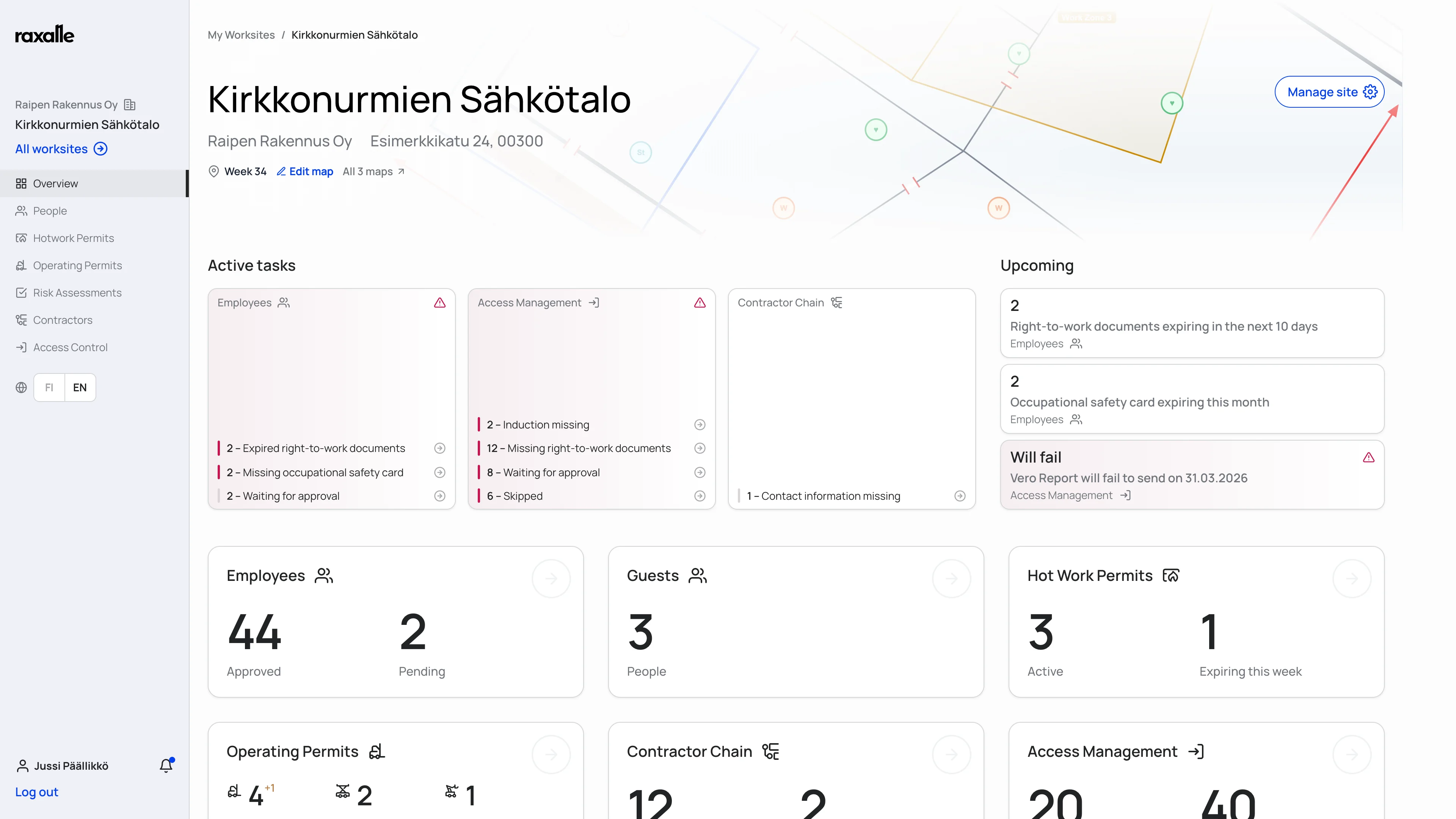 Site overview with active tasks and upcoming expiries
