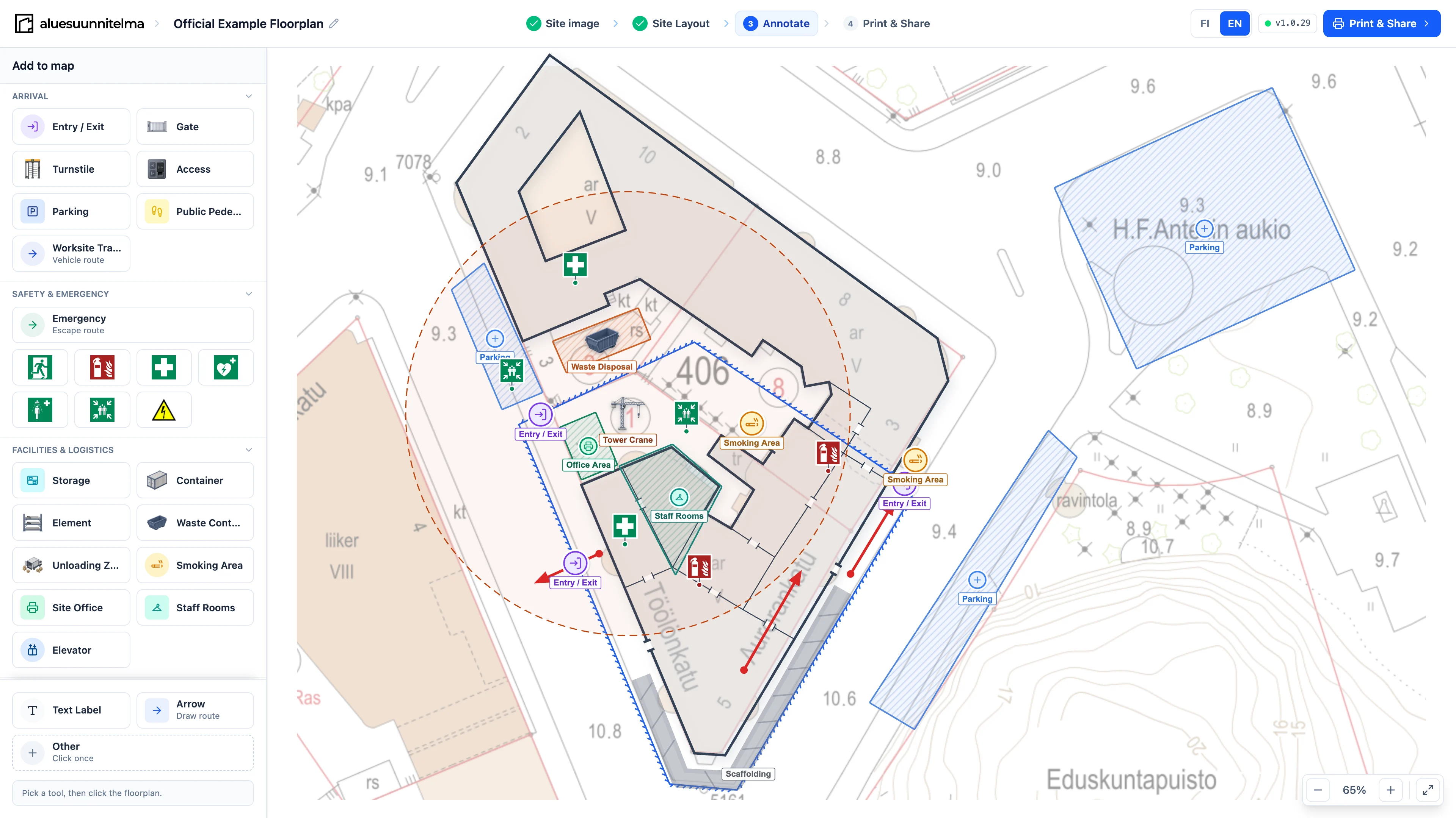 The annotate step: entrances, first aid, fire safety and work areas marked on a plan