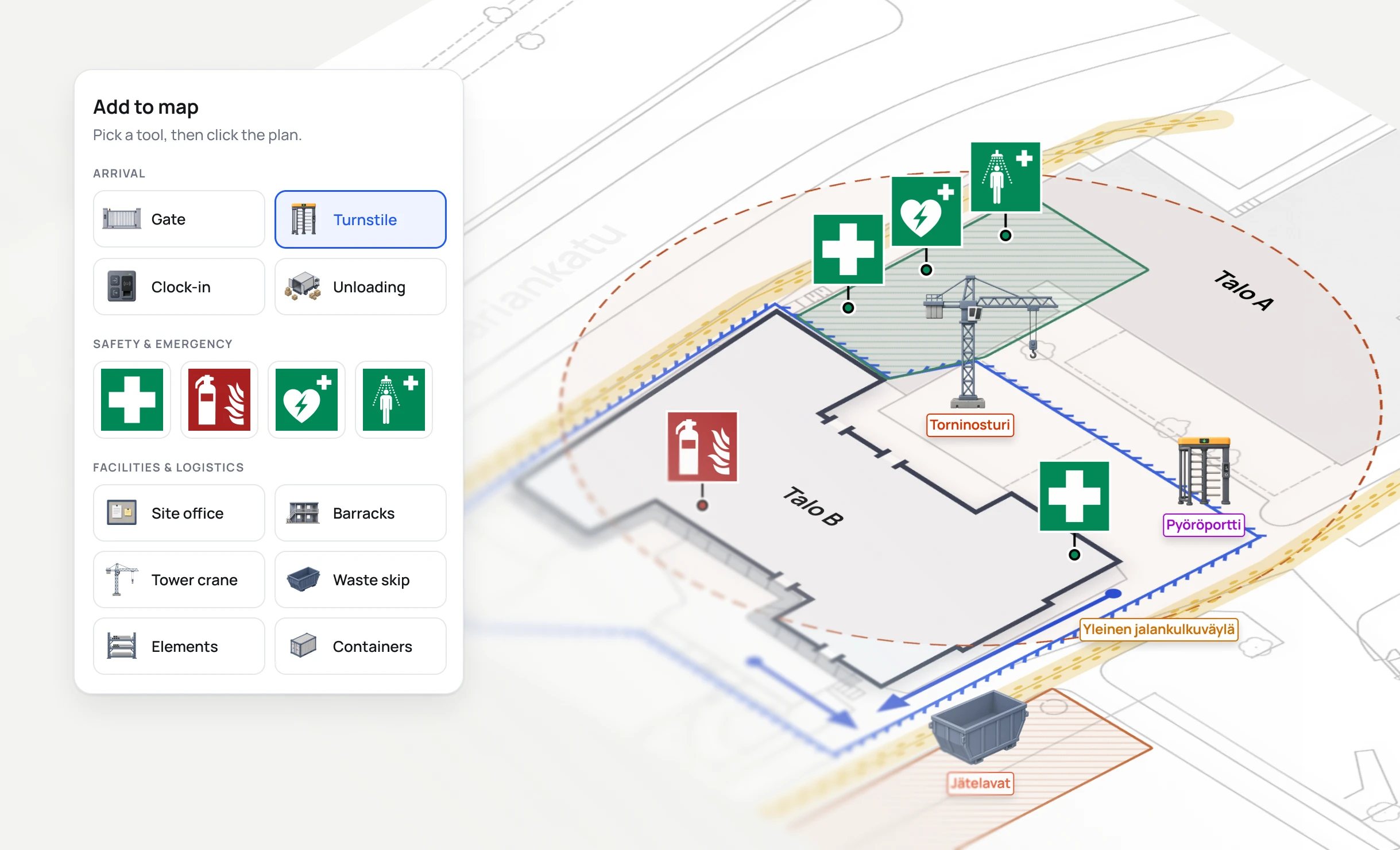 An isometric site plan with safety signs and 3D site objects, next to the editor's Add to map panel
