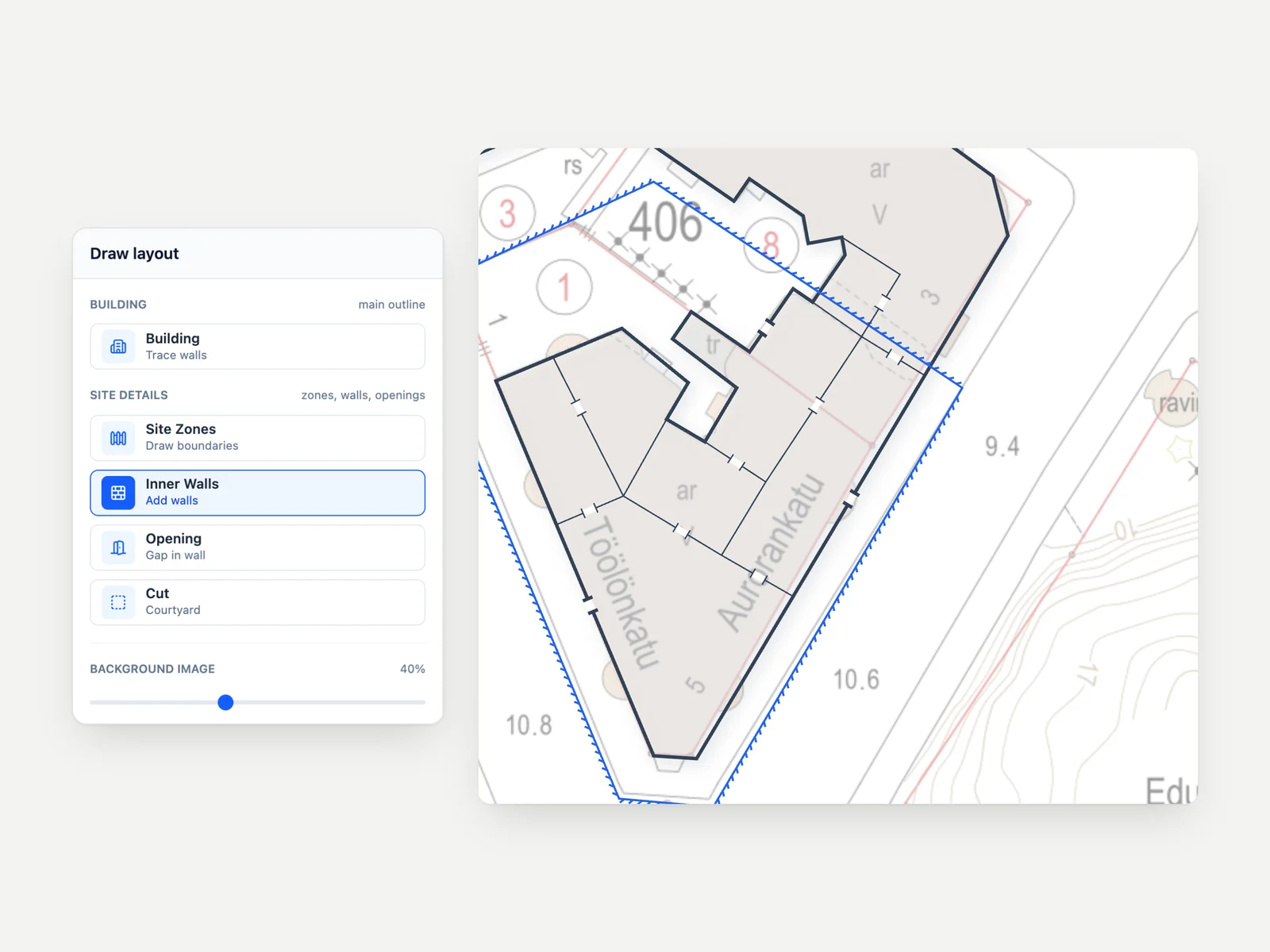 The Site Layout tools next to a traced building with inner walls and openings