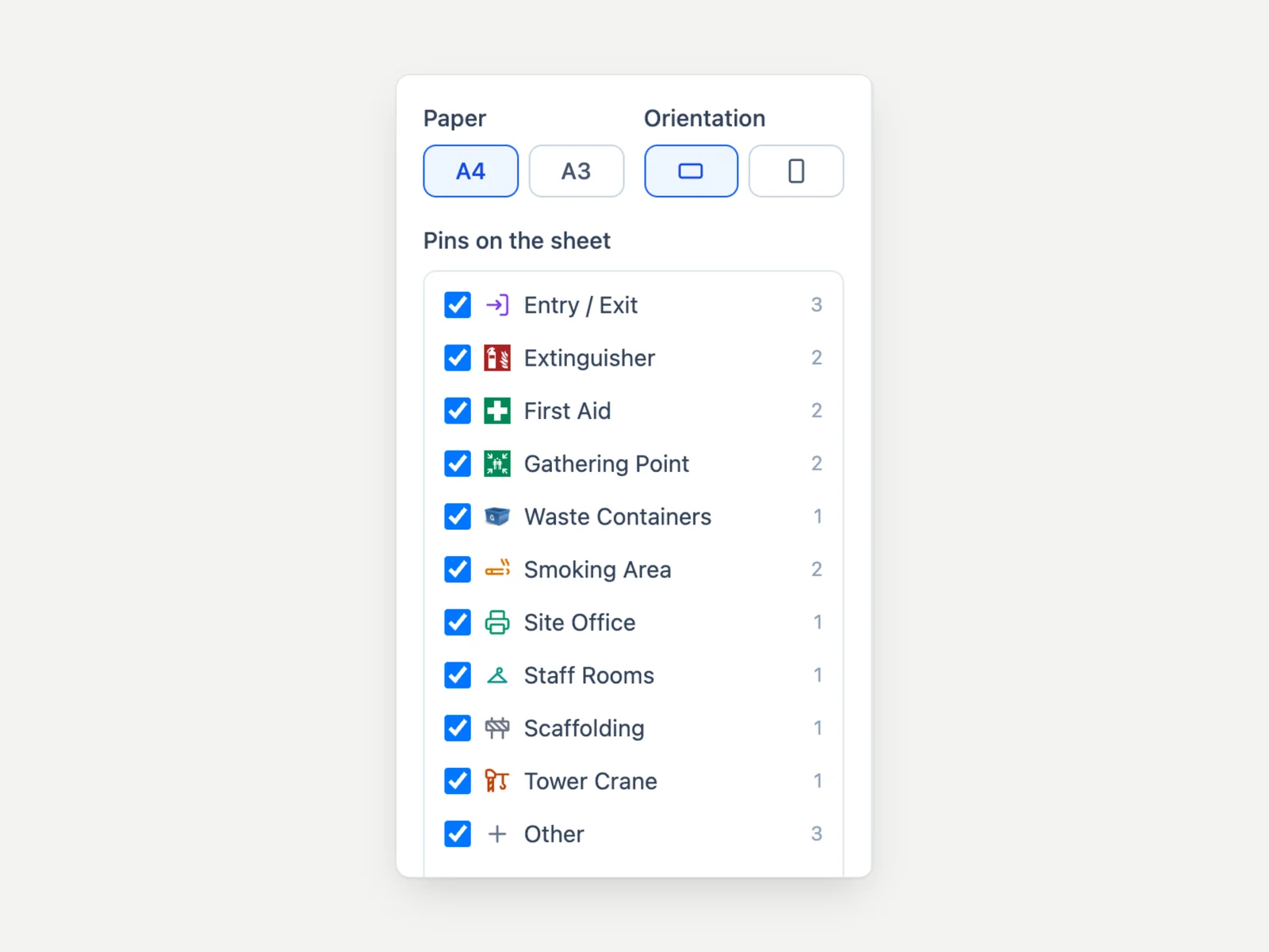 Print settings: paper size, orientation and the list of pins on the sheet