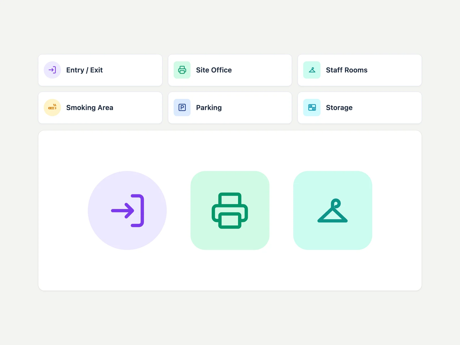 Line icon tools for entrances, offices and staff rooms, with three icons enlarged