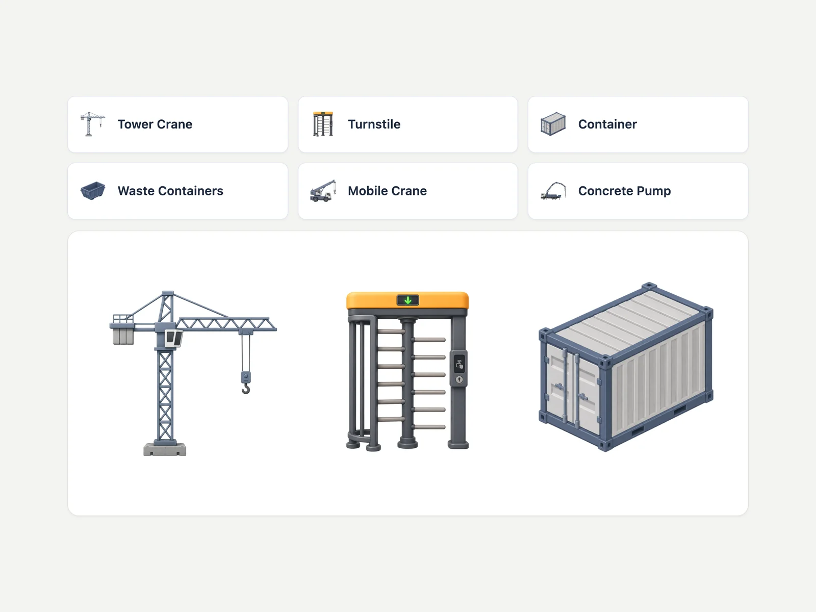 Illustrated tools for cranes, containers and gates, with three illustrations enlarged