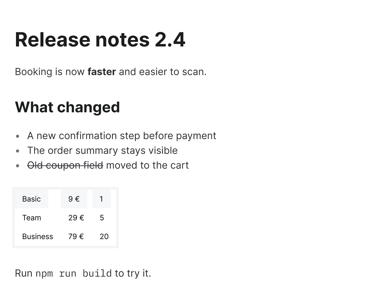 The same release note as Figma layers: headings, a list, a table and inline code