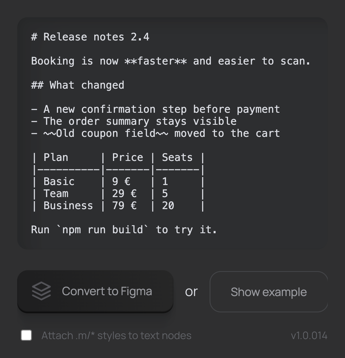 The plugin panel with release notes written in Markdown