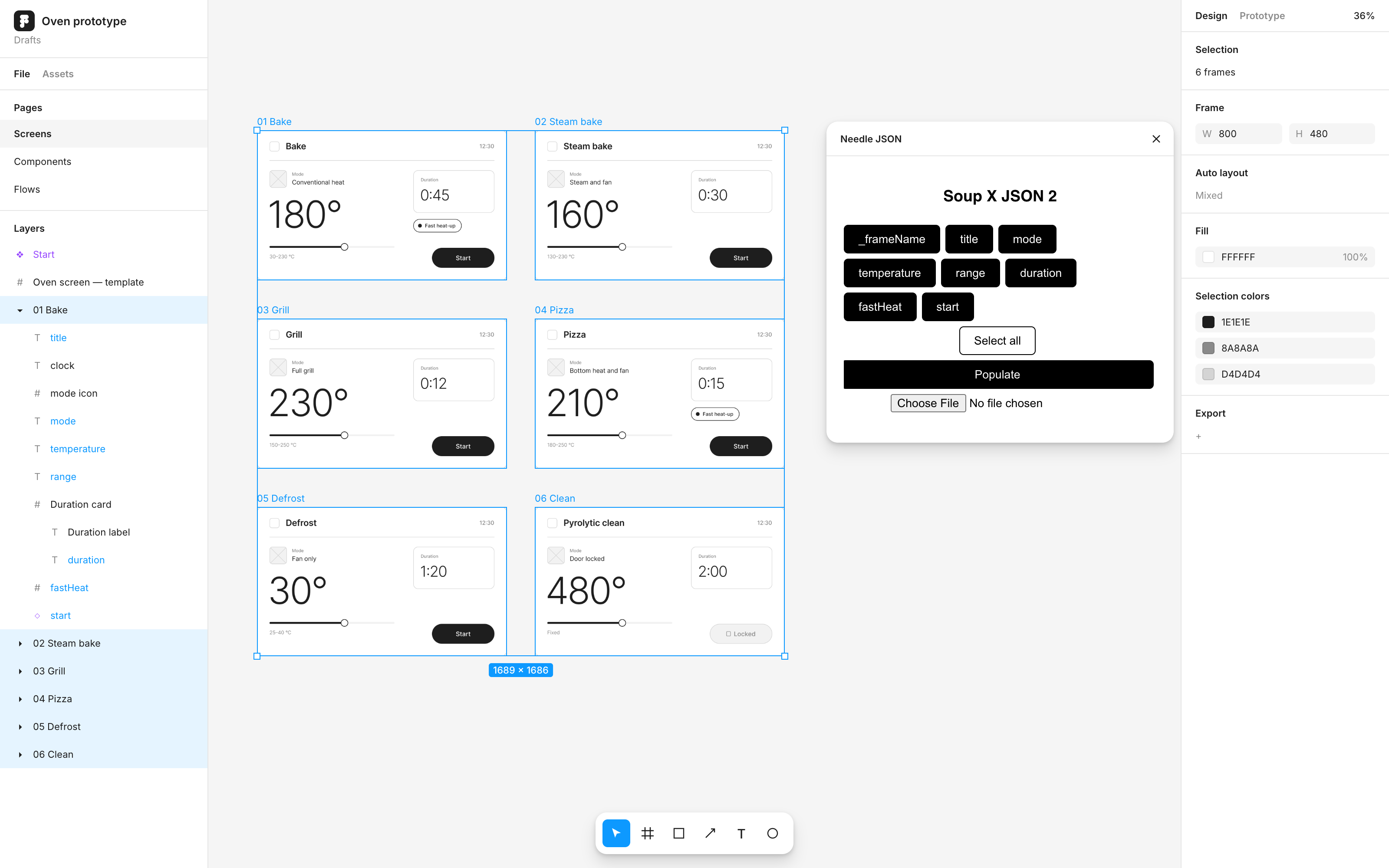 Figma with six wireframe oven screens selected and the Needle JSON panel open, with a toggle for each key of the loaded file