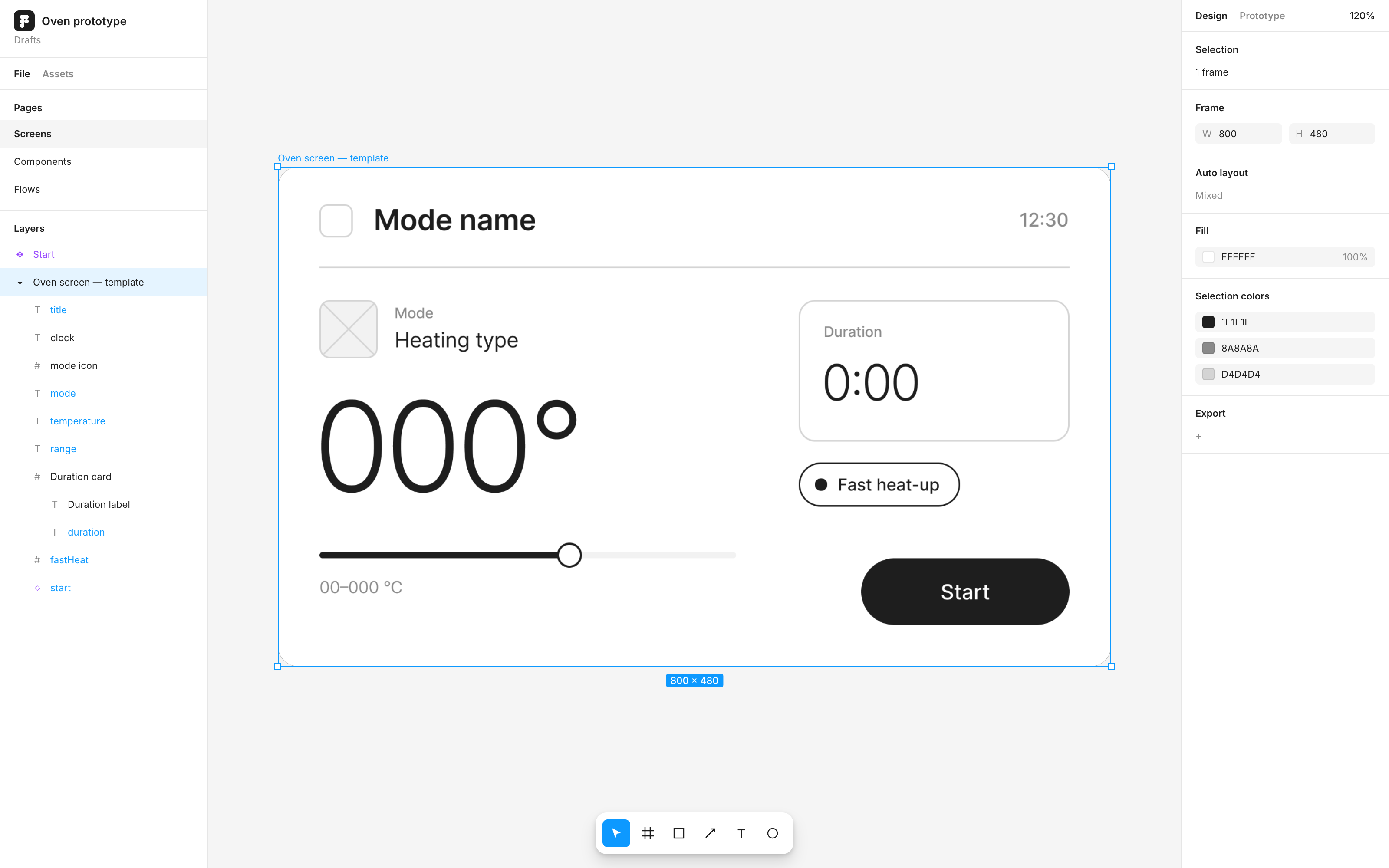 The wireframe template in Figma, with its layers named title, mode, temperature, range, duration, fastHeat and start